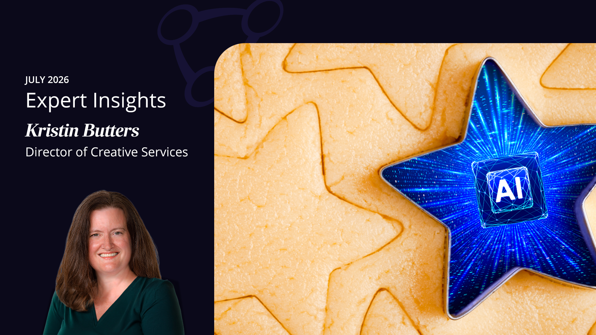 Title image with author photo and a rendering of cookie dough cut into stars with one star revealing a tunnel made of digital code and a block reading 